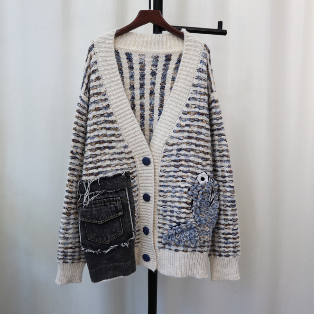 Pre Order:  Striped V-Neck Animal Loose Knitted Cardigan