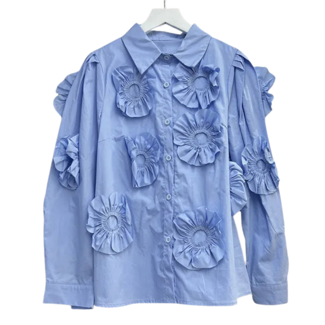 Pleated Large 3D Flower Long Sleeved Shirt