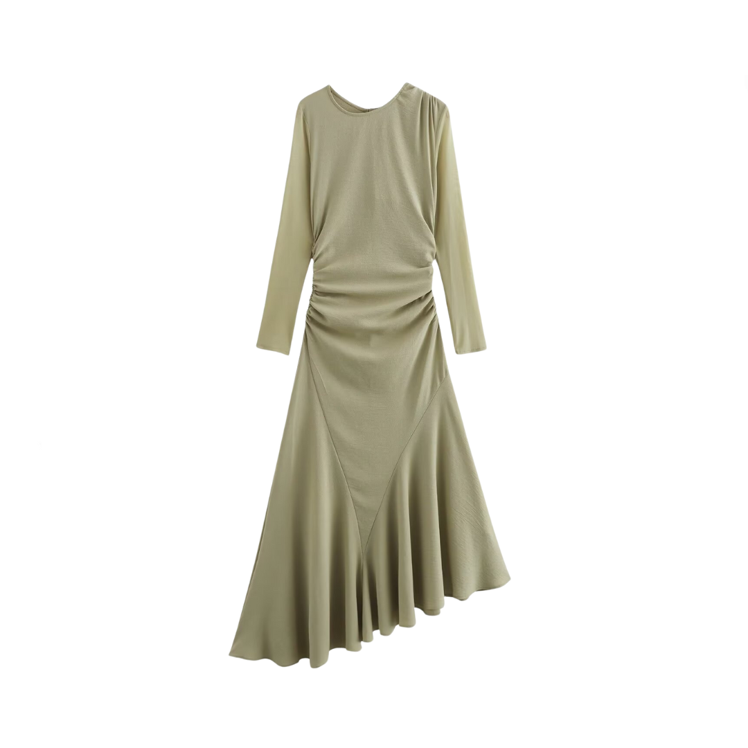 Pre Order: Pleated Irregular Long Sleeved Midi Dress