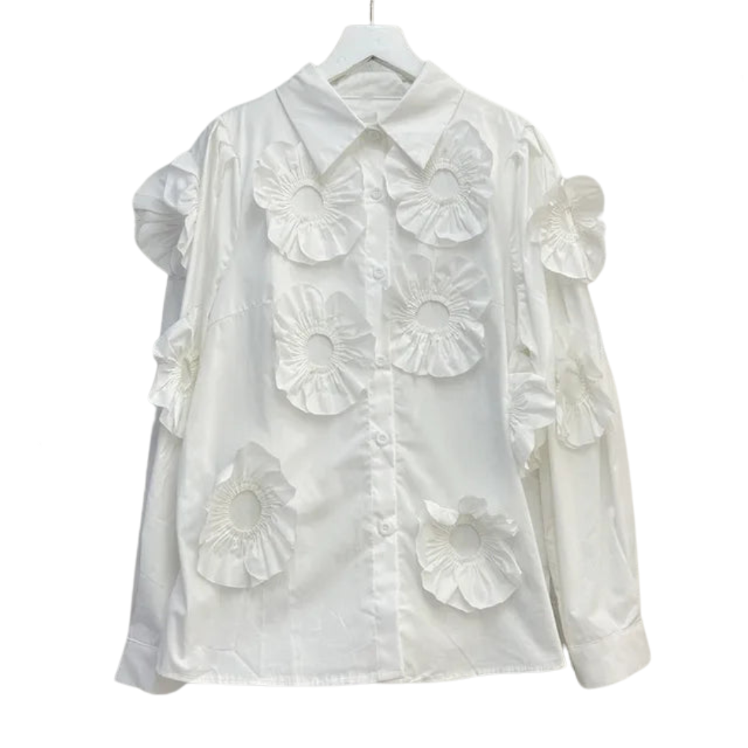 Pleated Large 3D Flower Long Sleeved Shirt