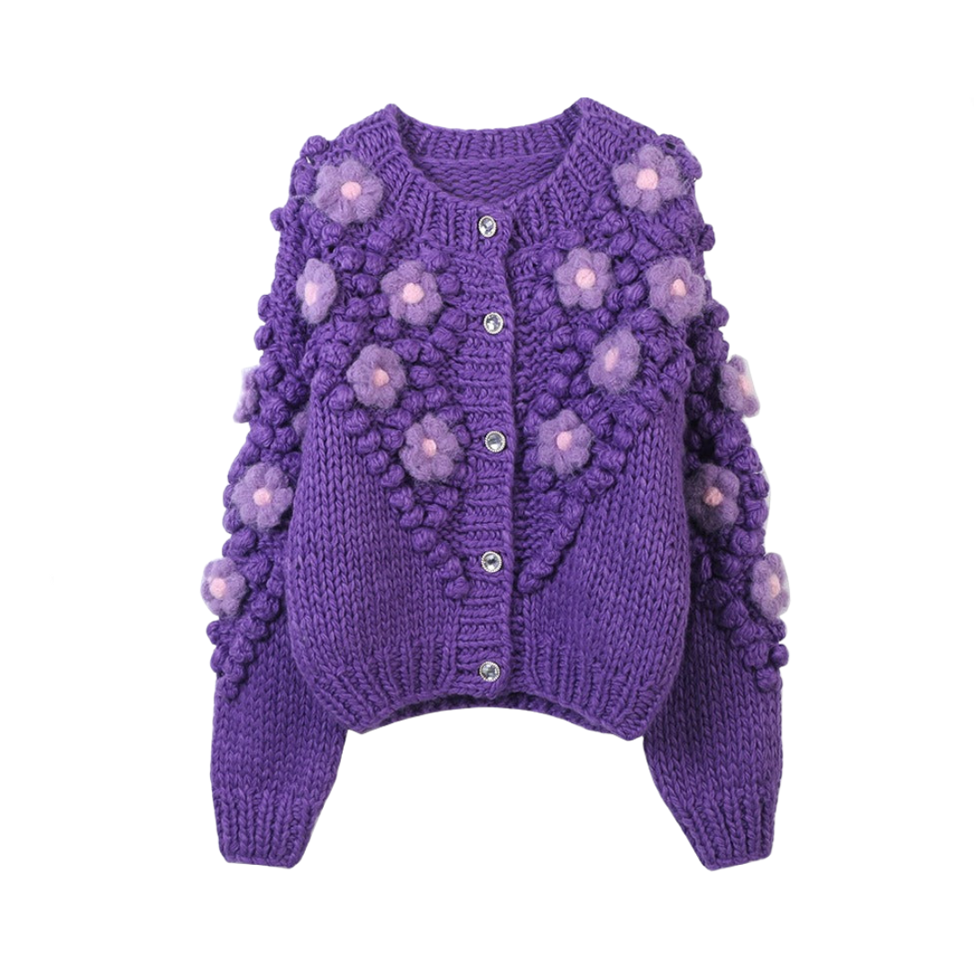 Hand Embroidered Flower Long Sleeved Knitted Cardigan