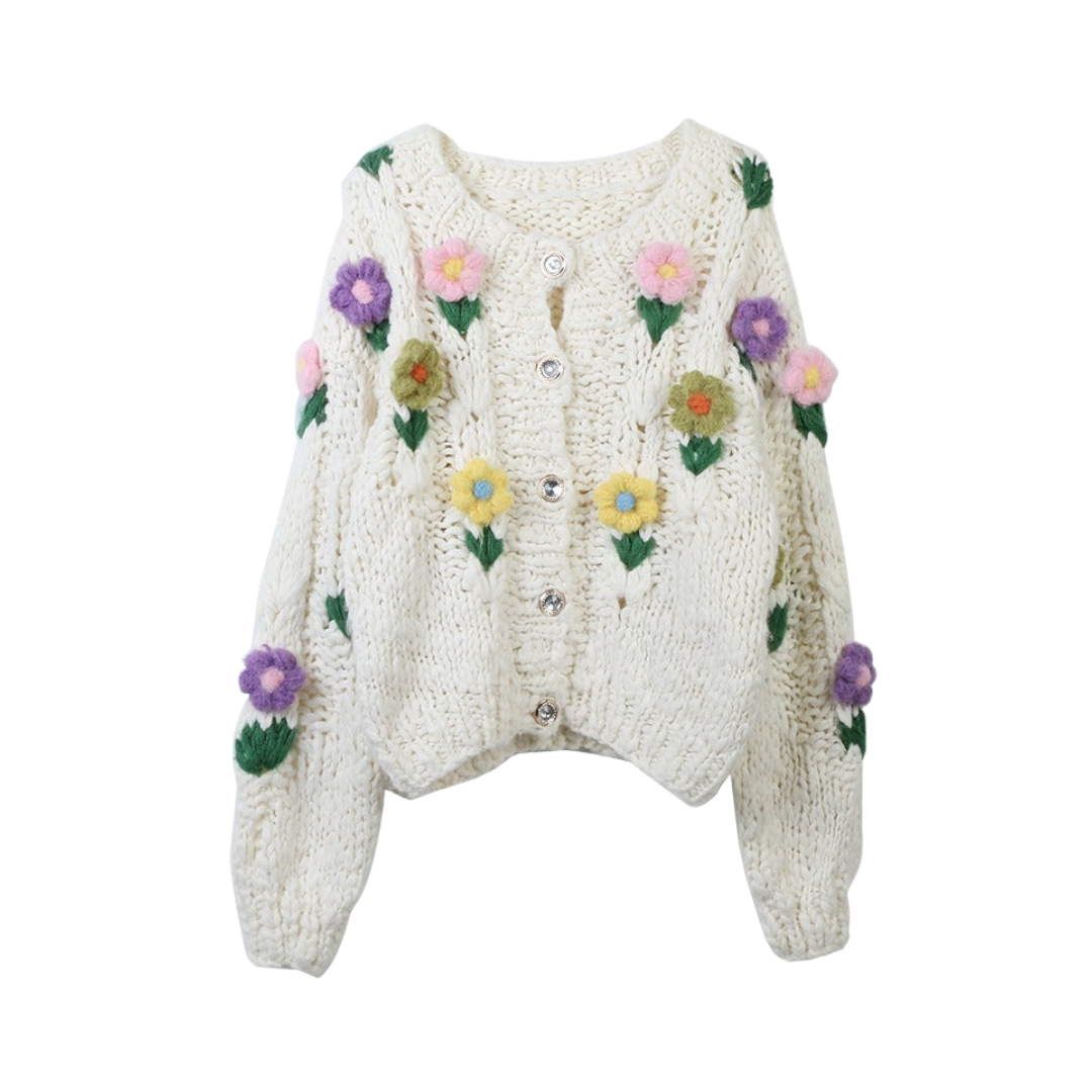 Pre Order:  Flower Handmade Loose White Knitted Cardigan