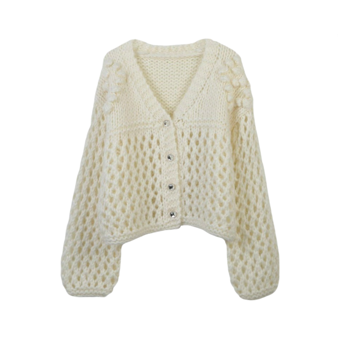 V-Neck Long Sleeve Hollow Out Loose Knitted Cardigan