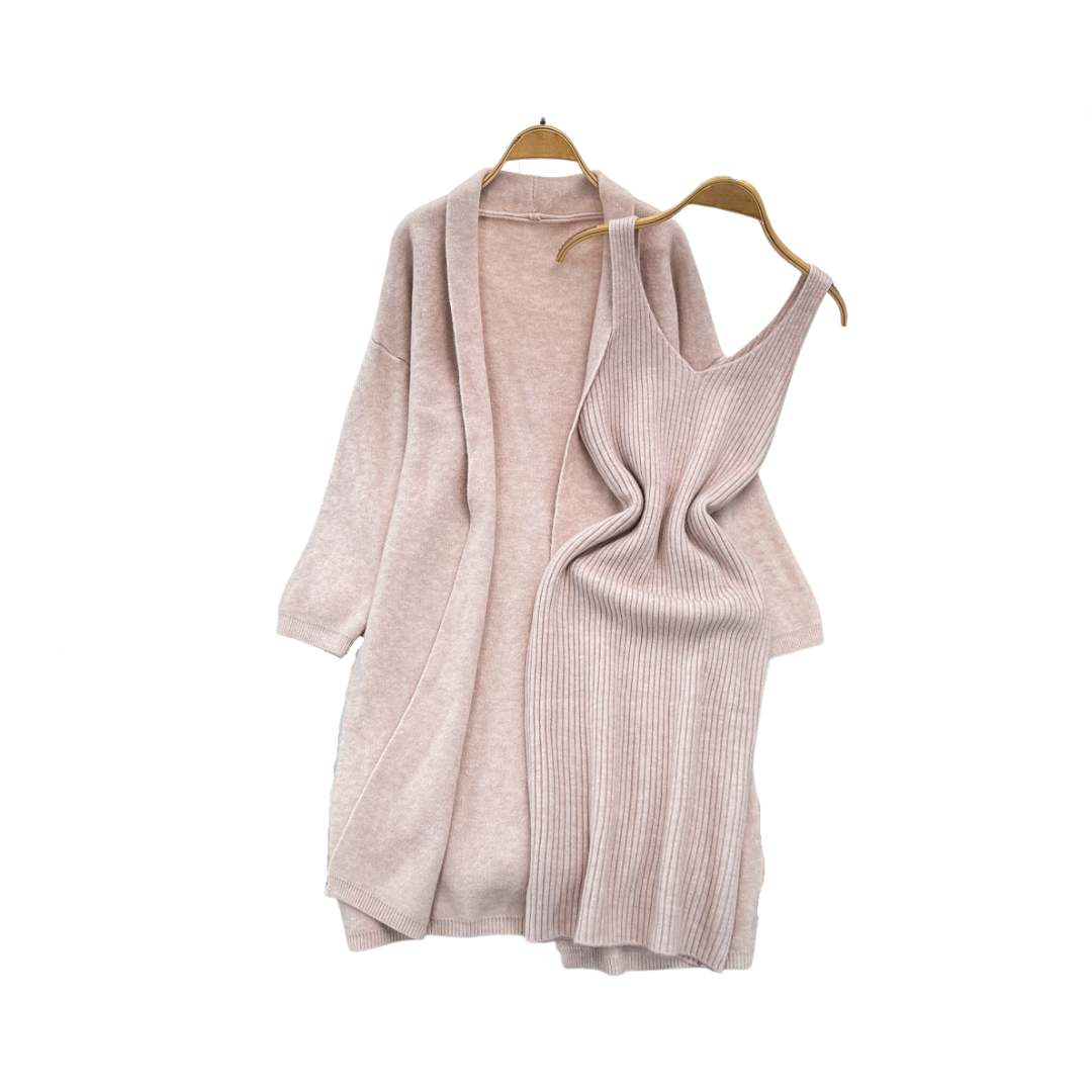 Long Loose Knitted Cardigan + Sleeveless Dress Set