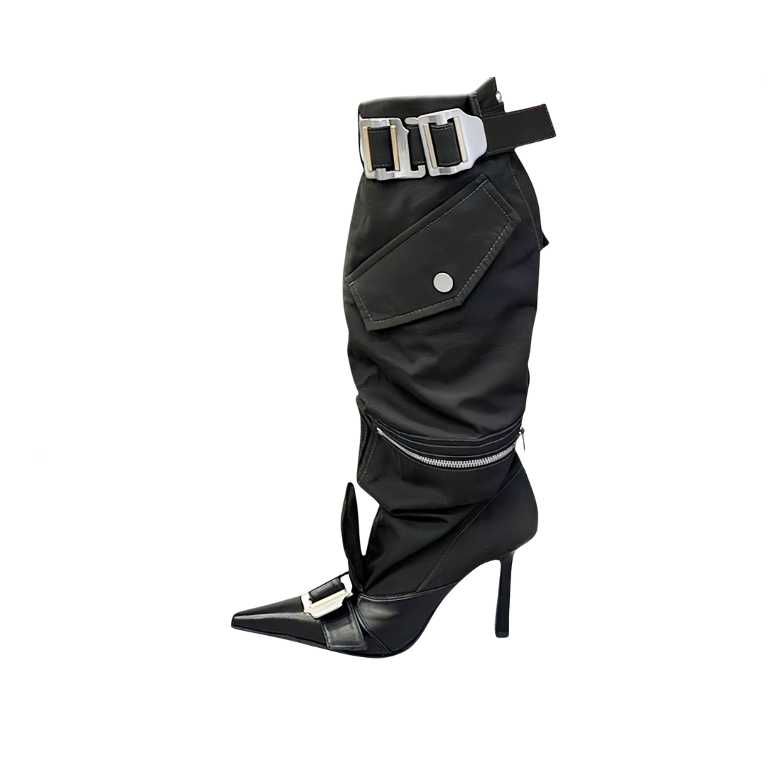 Knee Length Belt Buckle High Heel Boots