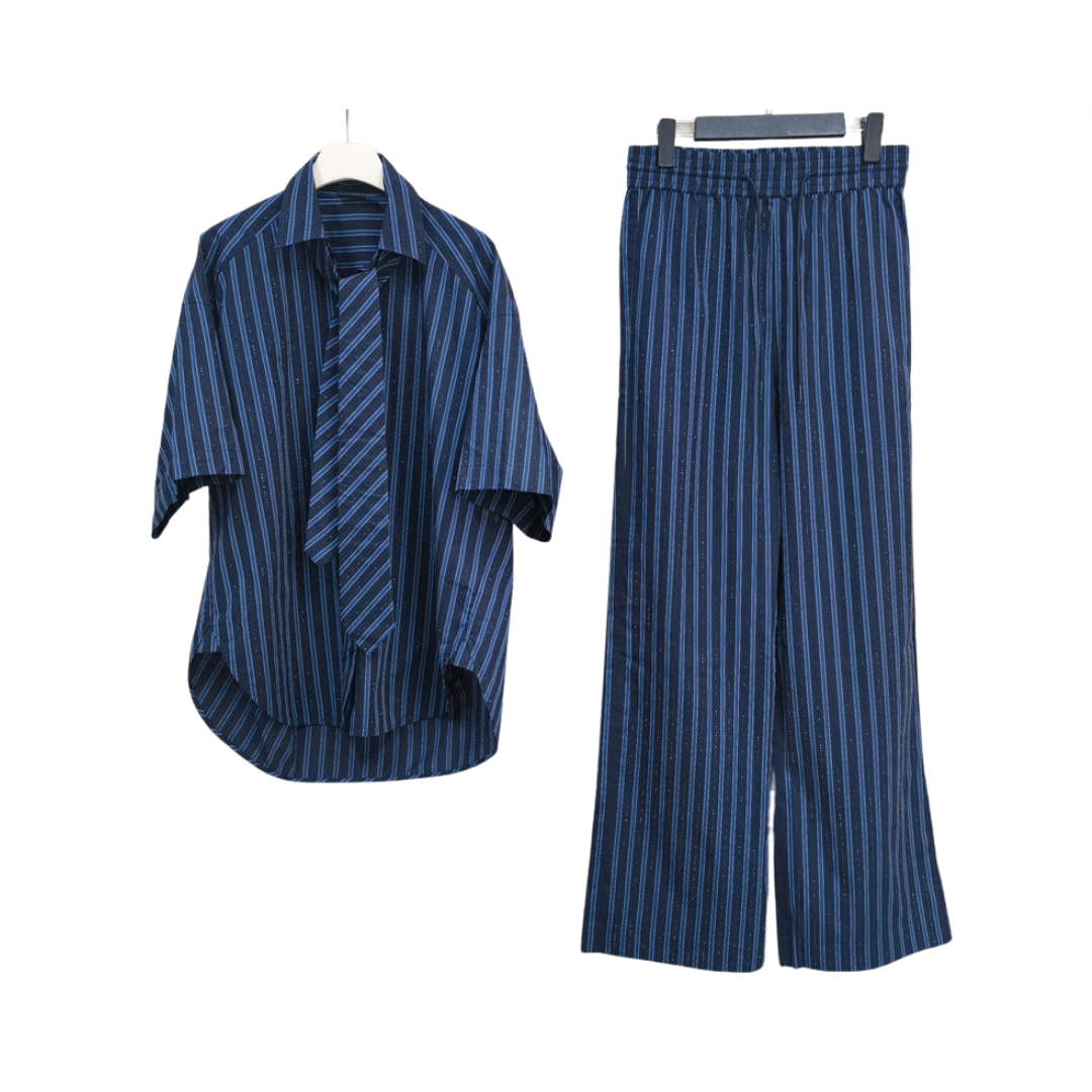 Pre Order:  Loose Striped Diamond Tie Shirt + Long Pants