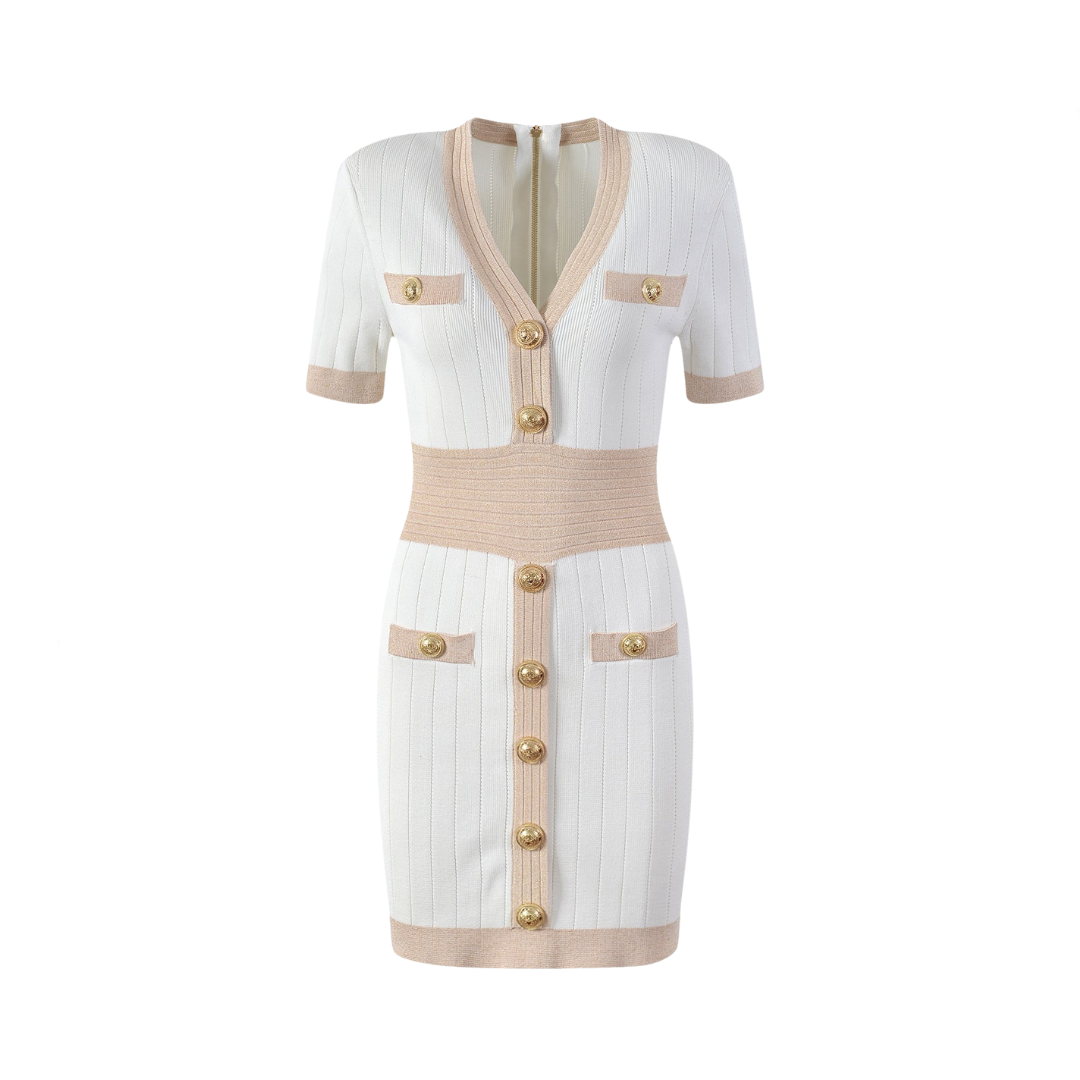 Pre Order:  Gold Buckle V-Neck Hip Hugging Knitted Dress