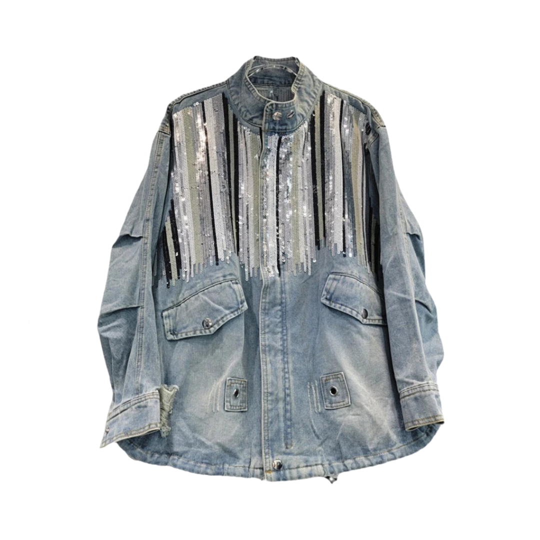 Pre Order:  Striped Sequins Long Sleeve Loose Denim Jacket