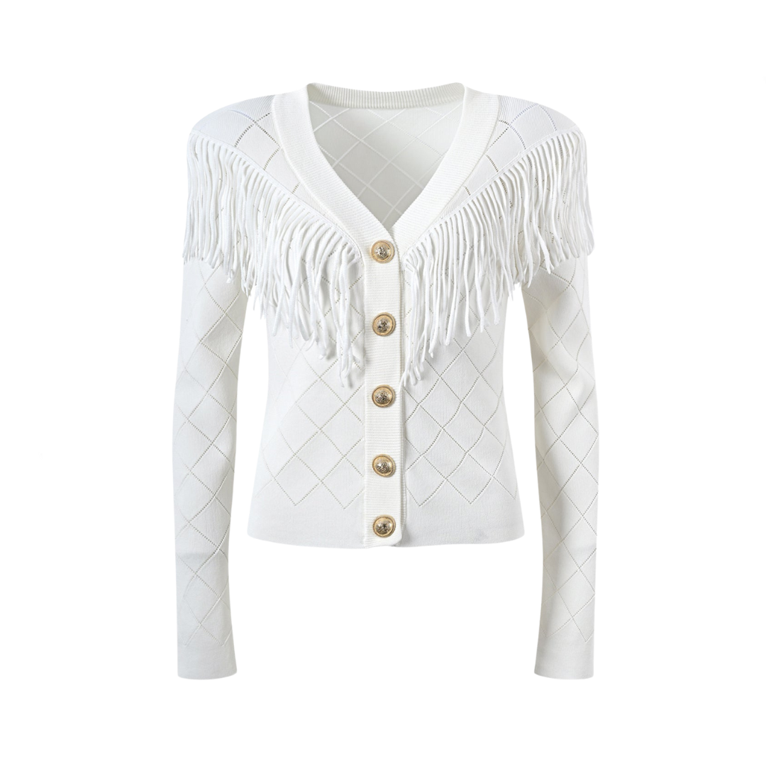 Diamond Grid V-Neck Tassel Slim Fit Cardigan