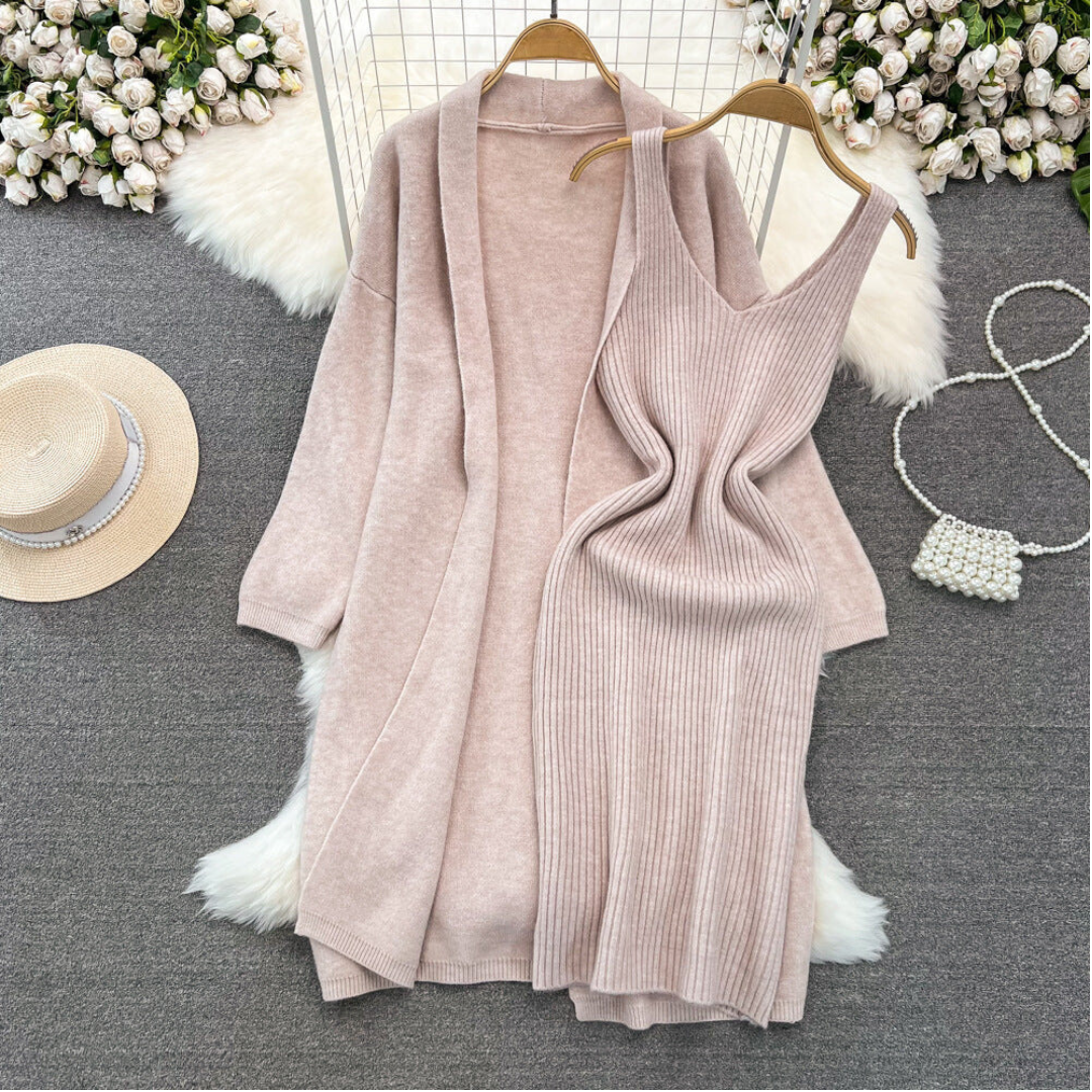 Long Loose Knitted Cardigan + Sleeveless Dress Set