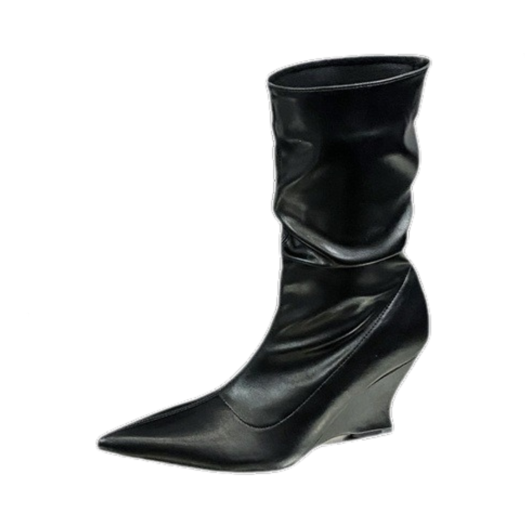 Pre Order:  Soft Leather Pointed Toe Slope Heel Short Boots