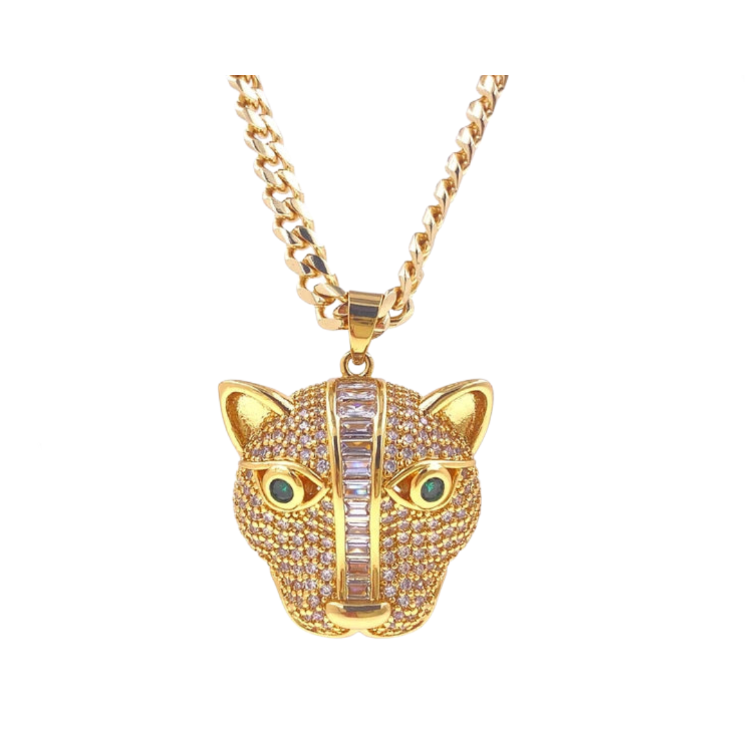 Cubic Zircon Leopard Head Pendant Cuban Chain Necklace