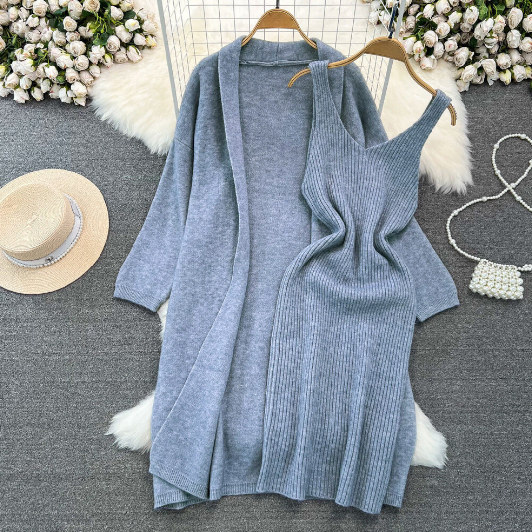 Long Loose Knitted Cardigan + Sleeveless Dress Set