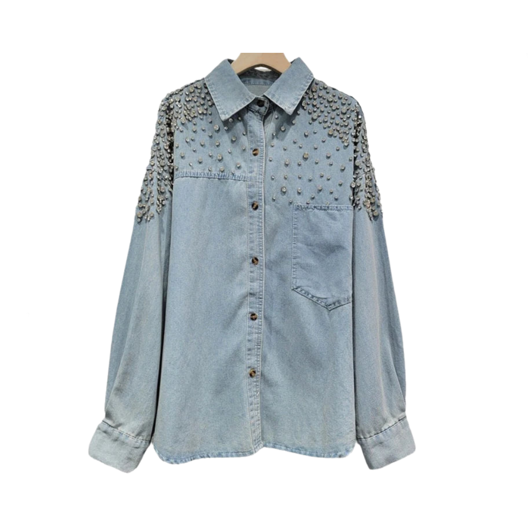 Diamond Studded Loose Denim Shirt