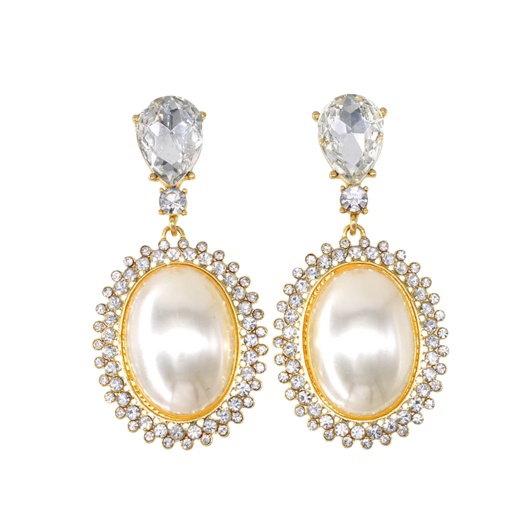 Big Oval Pearl Crystal Long Drop Earrings