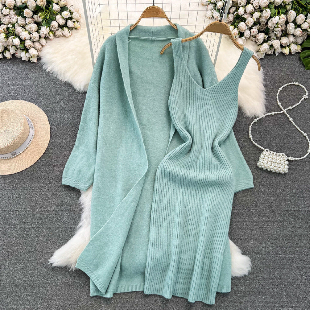 Long Loose Knitted Cardigan + Sleeveless Dress Set