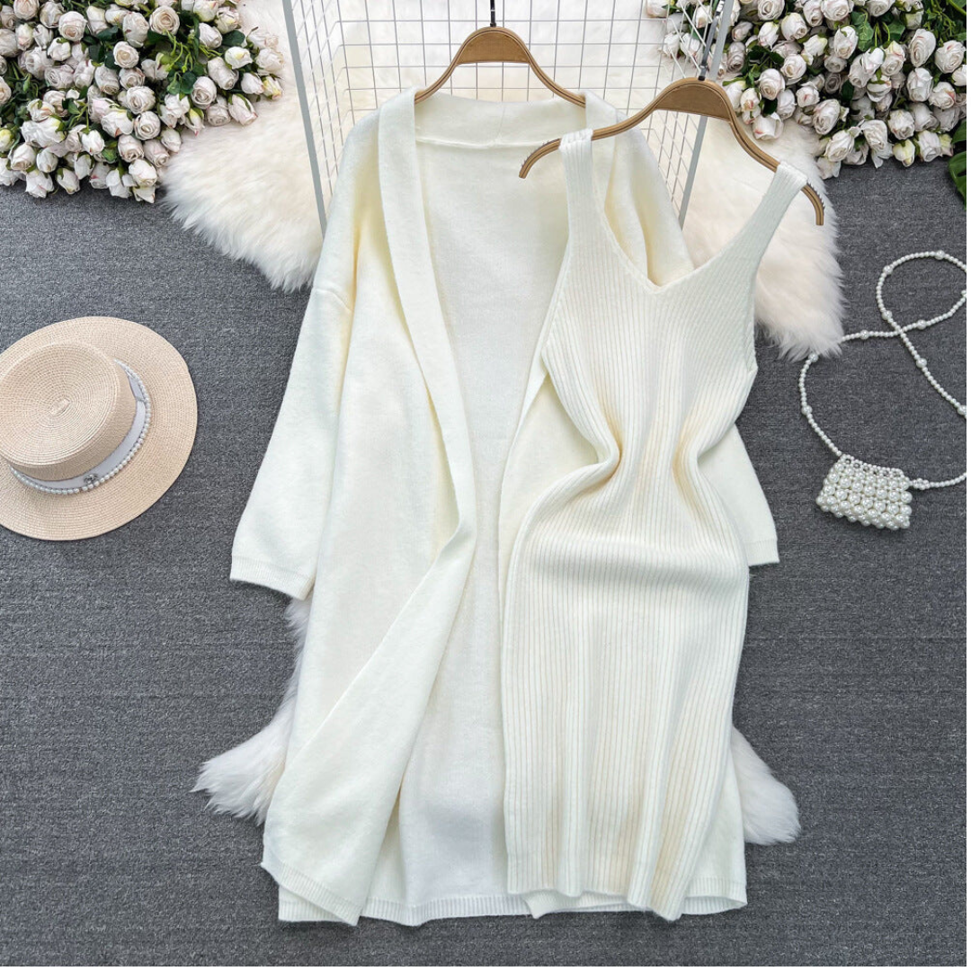 Long Loose Knitted Cardigan + Sleeveless Dress Set