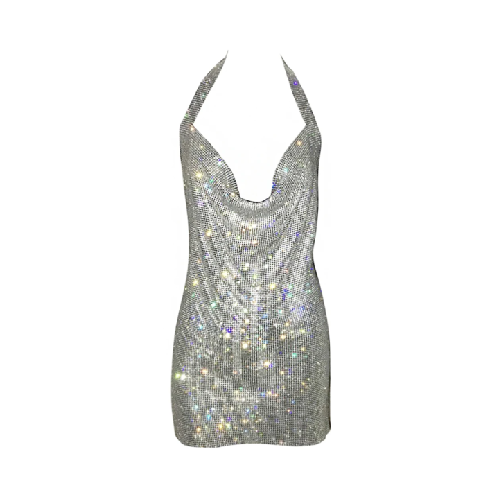 Pre Order:  Halter Neck Sexy Backless V Neck Rhinestone Mini Dress