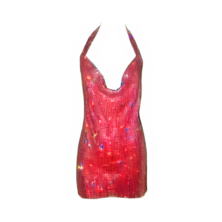 Pre Order:  Halter Neck Sexy Backless V Neck Rhinestone Mini Dress