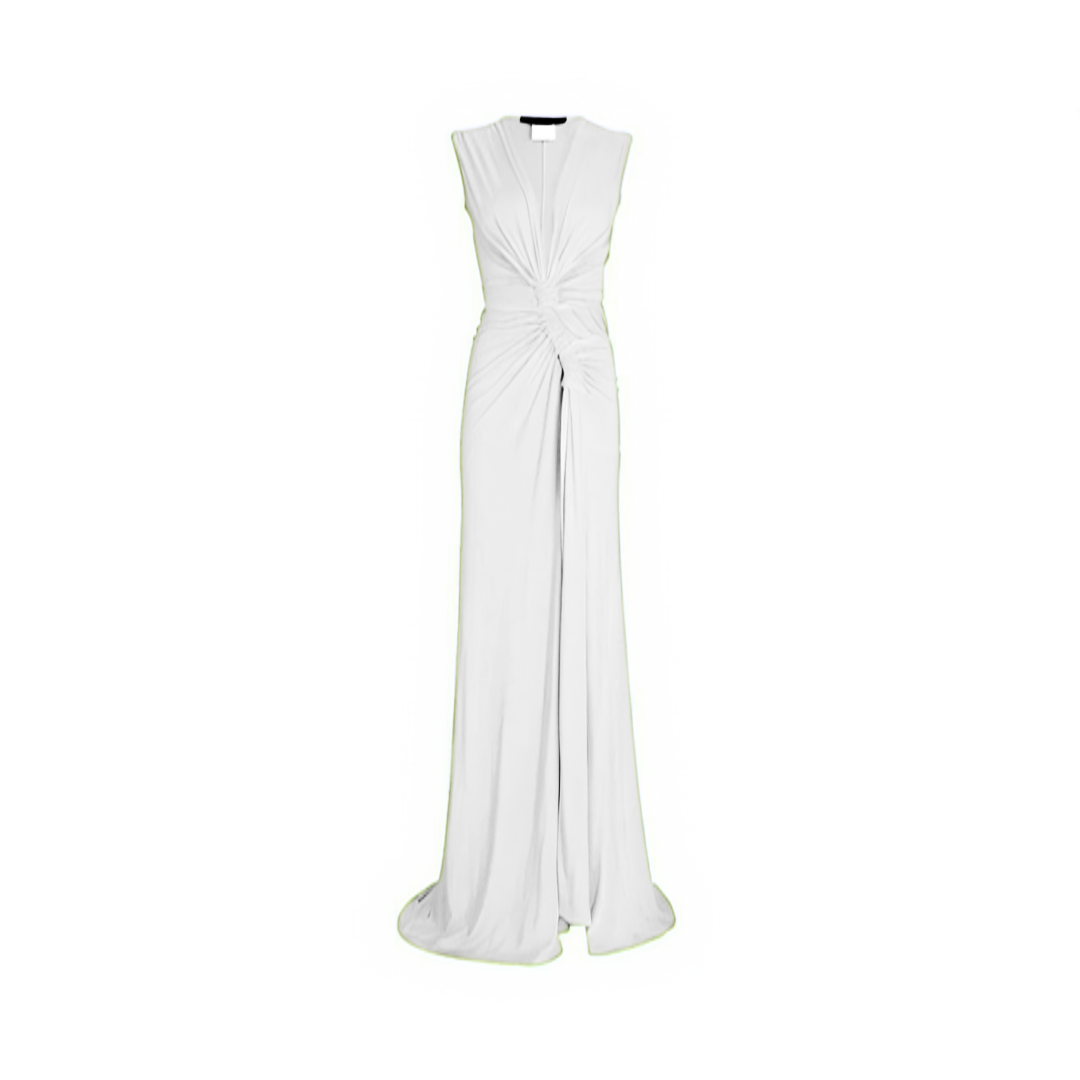 Pre Order:  Solid Hollow Knot Slit V-Neck Pleated Irregular Dress