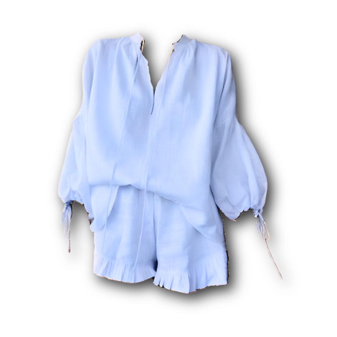 Pre Order:  Loose V-Neck Lantern Sleeve Shirt + Ruffled Shorts