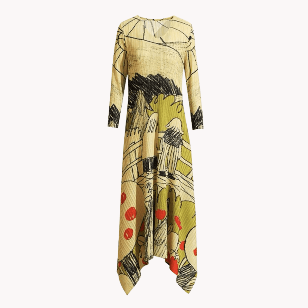 Art Print Pleated Long Dress - Kelly Obi New York