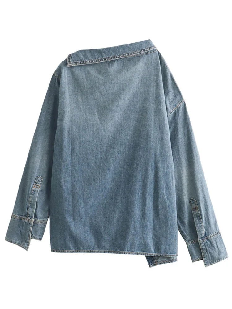 Asymmetric Collar Denim Loose Shirt - Kelly Obi New York