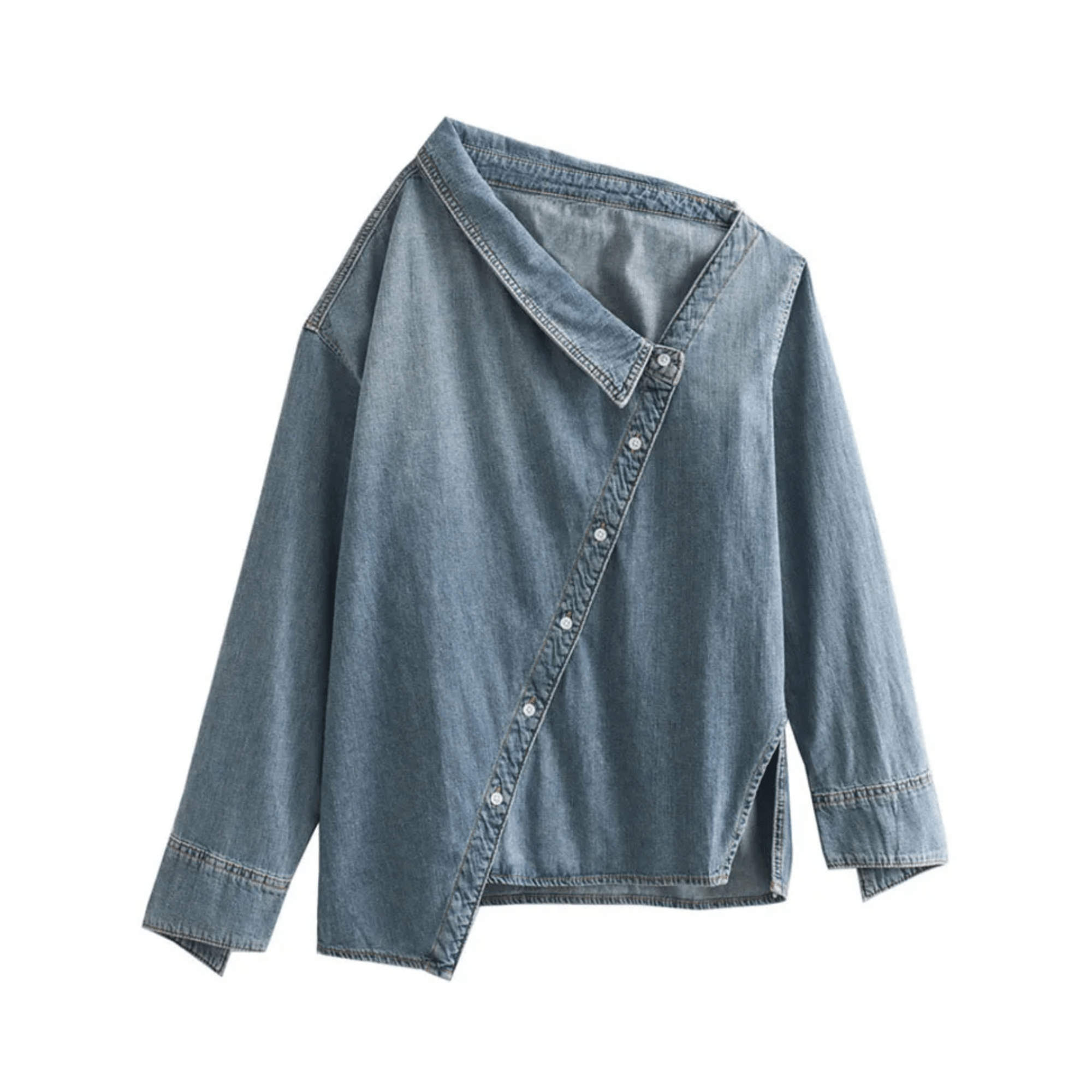 Asymmetric Collar Denim Loose Shirt - Kelly Obi New York