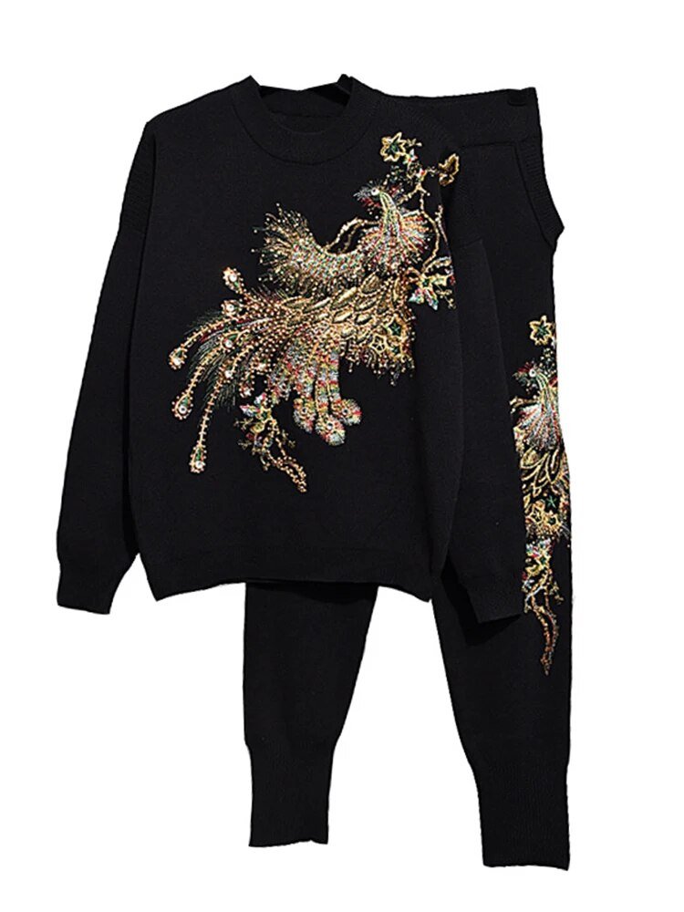 Beaded Sequined Peacock Sweater + Pants Set - Kelly Obi New York