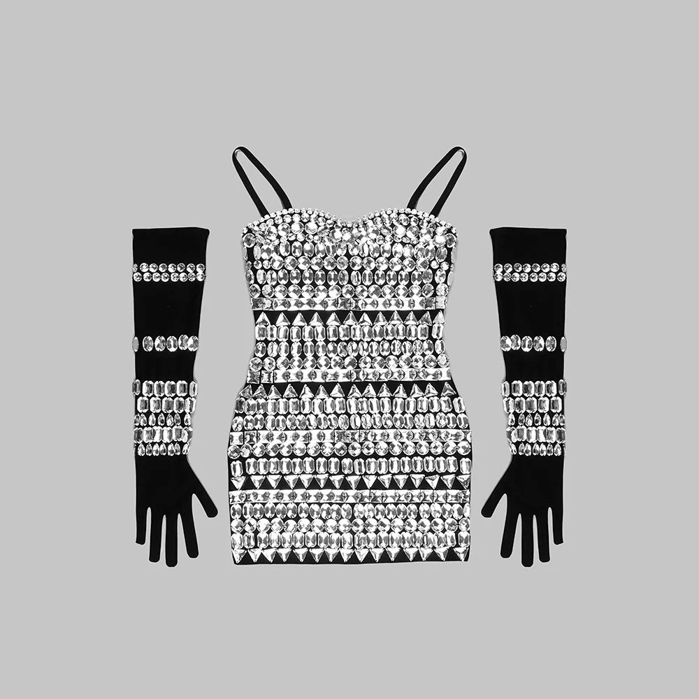 Bejeweled Gloves Sleeveless Mini Dress - Kelly Obi New York