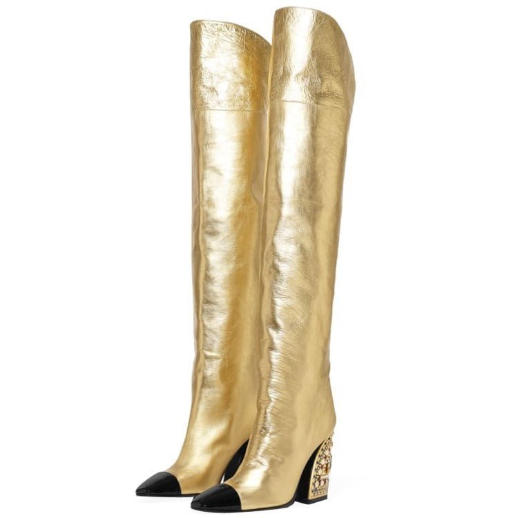 Bejeweled Wedge Heel High Boots - Kelly Obi New York