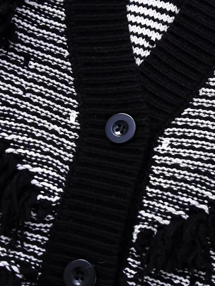 Black and White Fringe Knit Cardigan - Kelly Obi New York