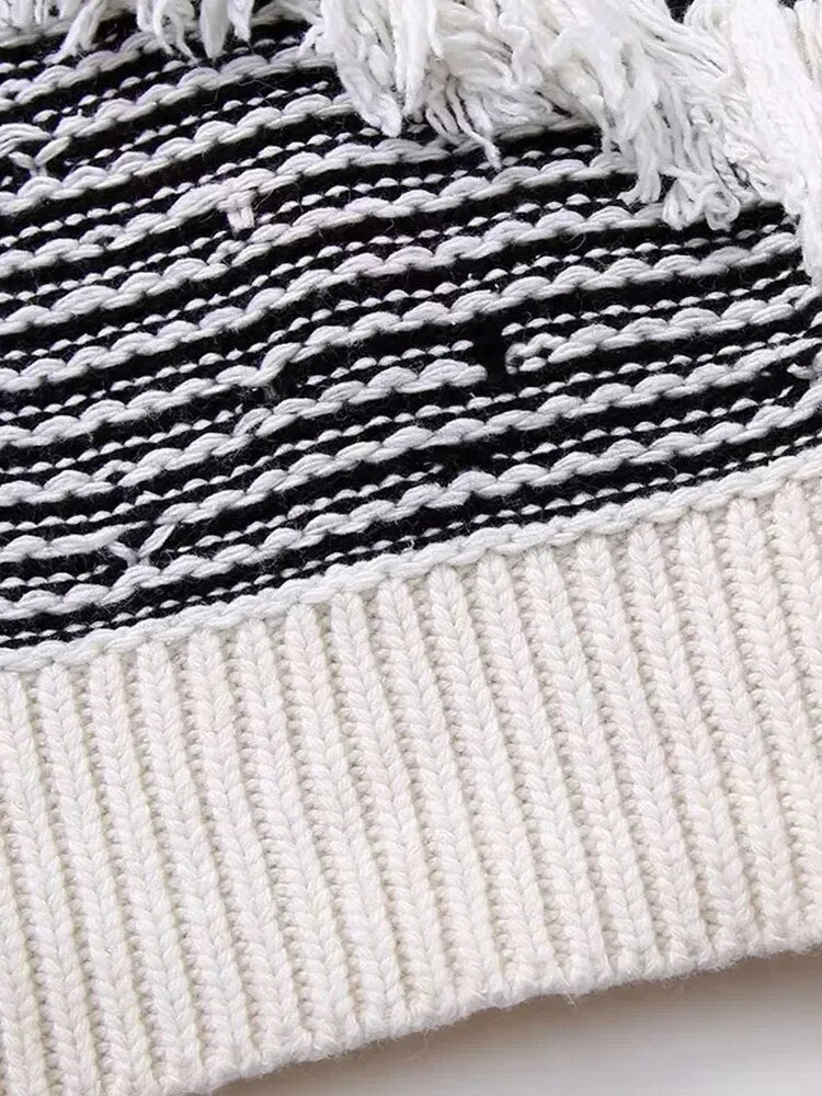 Black and White Fringed Knit Sweater - Kelly Obi New York