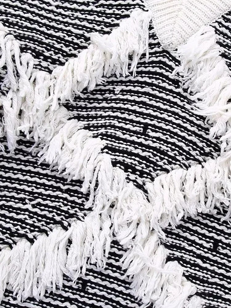 Black and White Fringed Knit Sweater - Kelly Obi New York