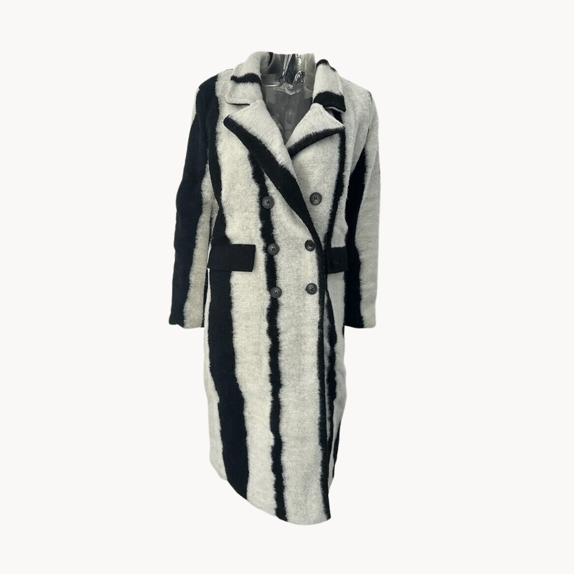 Black and White Stripes Woolen Coat - Kelly Obi New York