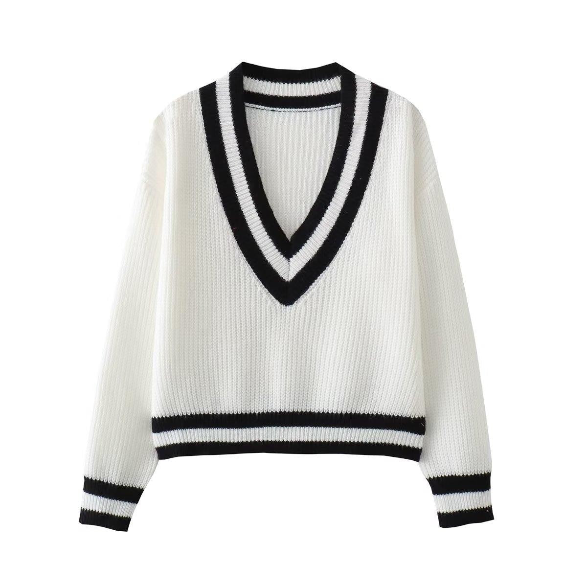 Black Stripes Accent Loose White Sweater - Kelly Obi New York