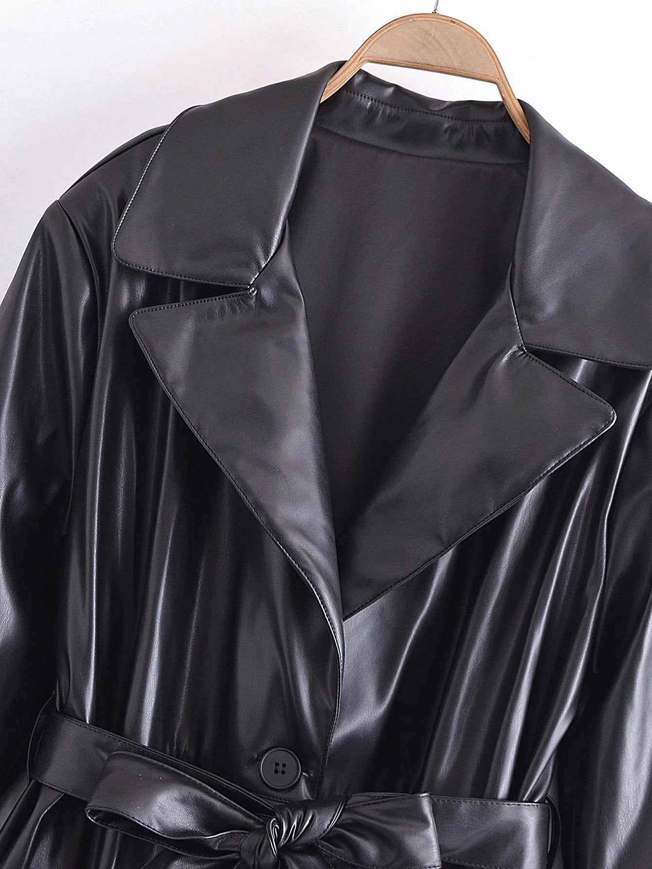 Black Vegan Leather Belted Trench Coat - Kelly Obi New York