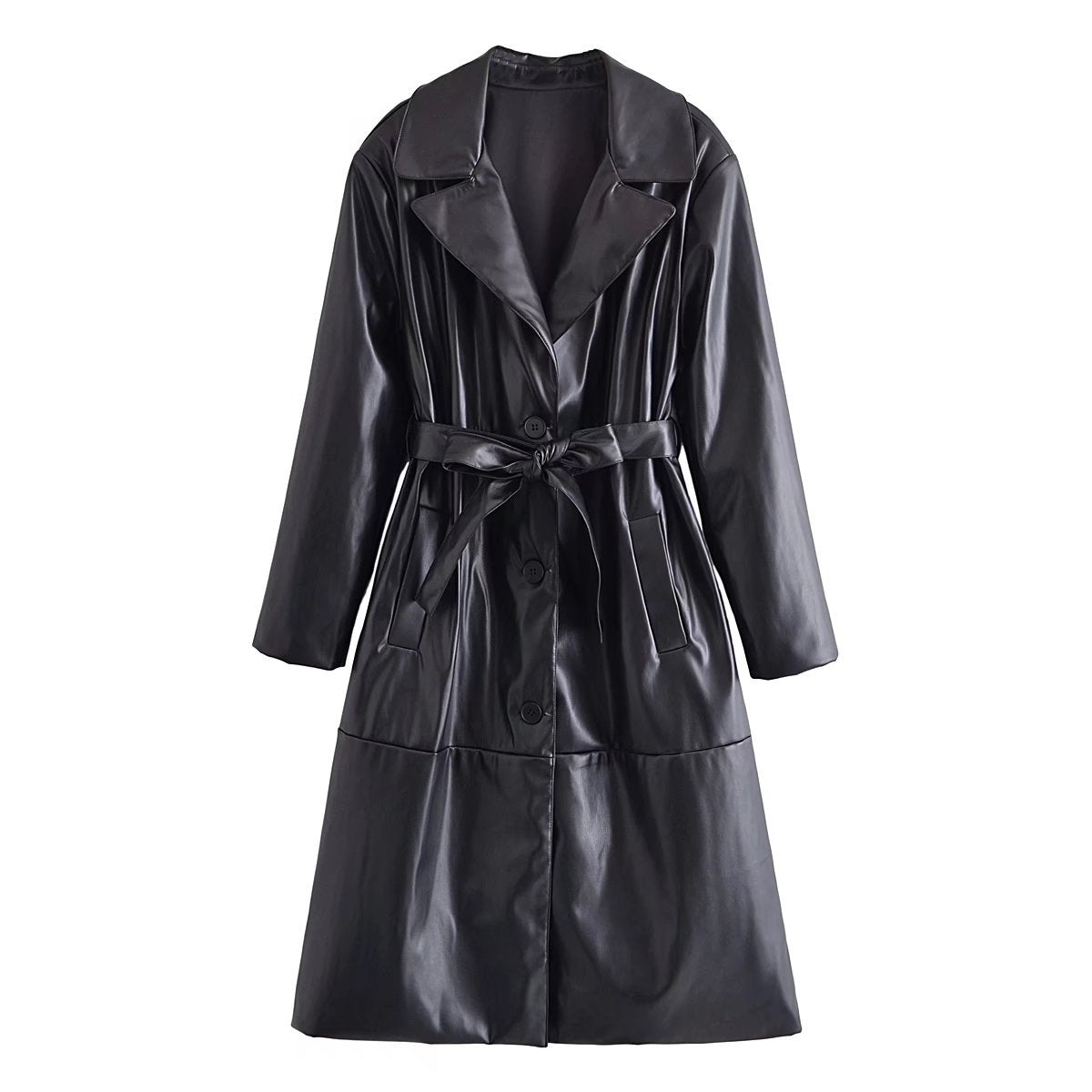 Black Vegan Leather Belted Trench Coat - Kelly Obi New York