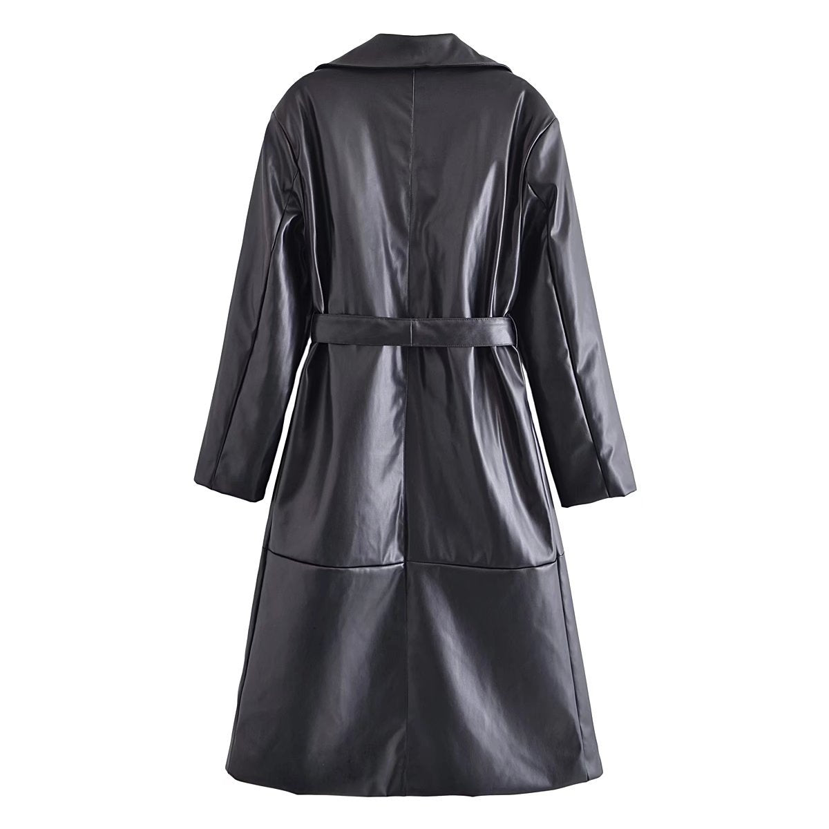 Black Vegan Leather Belted Trench Coat - Kelly Obi New York