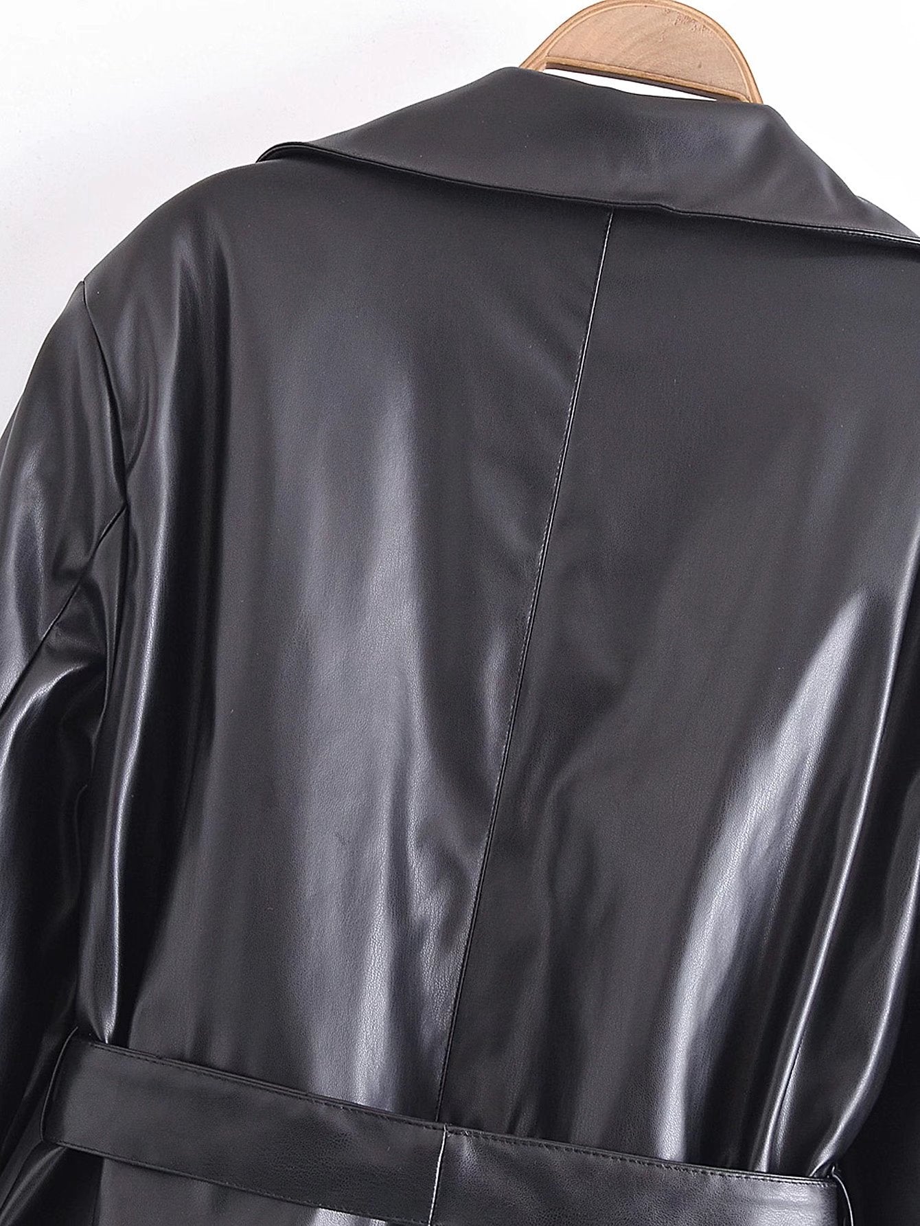 Black Vegan Leather Belted Trench Coat - Kelly Obi New York