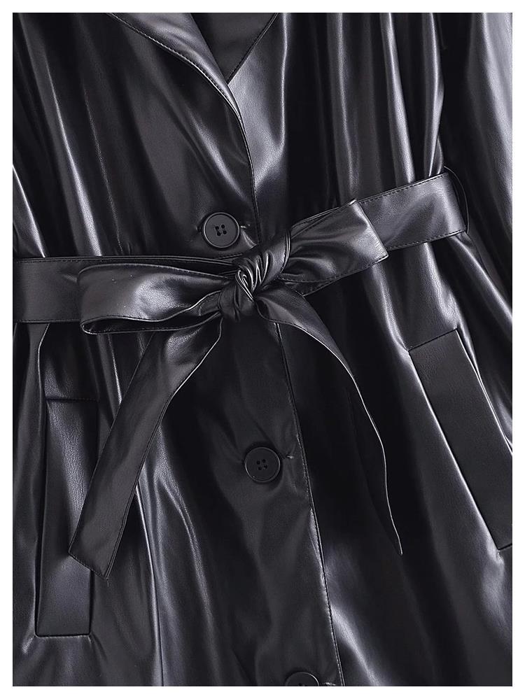 Black Vegan Leather Belted Trench Coat - Kelly Obi New York