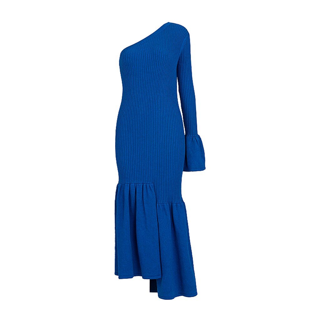 Blue Ribbed One Shoulder Dress - Kelly Obi New York
