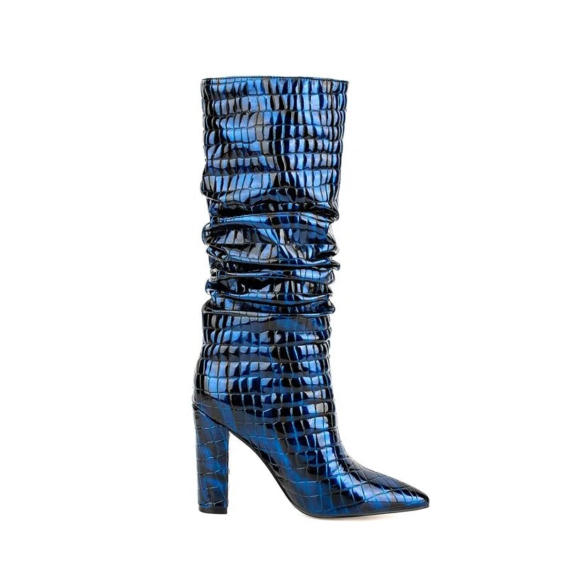 Blue Snake Pleated Knee-High Boots - Kelly Obi New York