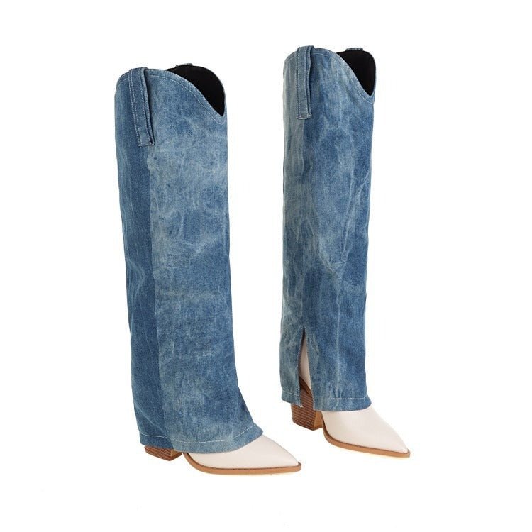 Blue Washed Denim Knee High Boots - Kelly Obi New York