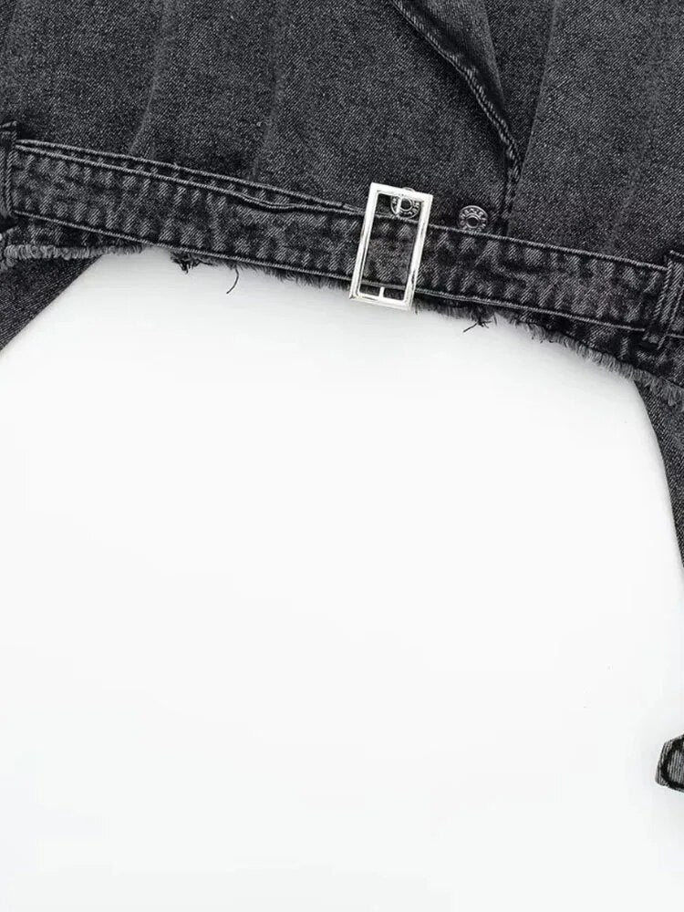 Buckles Straps Cropped Denim Jacket - Kelly Obi New York