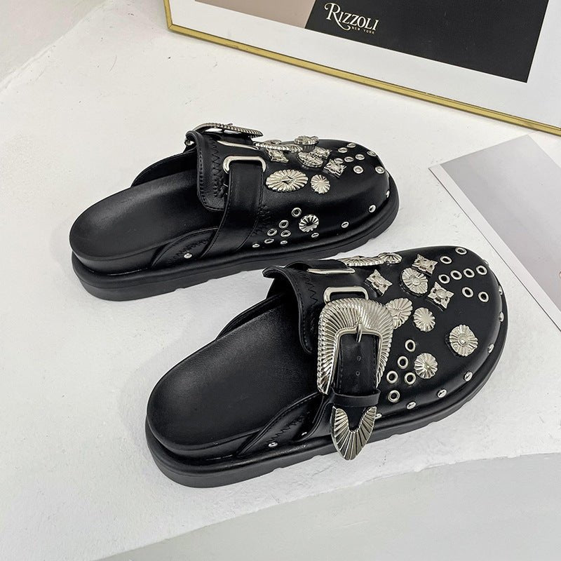 Charms Studded Flat Mules - Kelly Obi New York