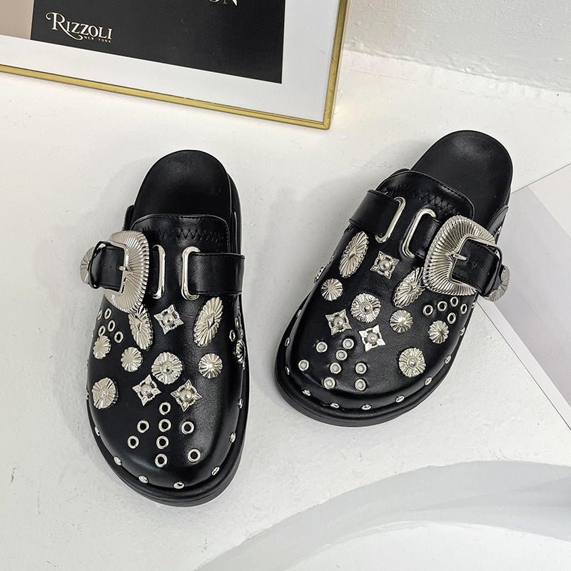 Charms Studded Flat Mules - Kelly Obi New York