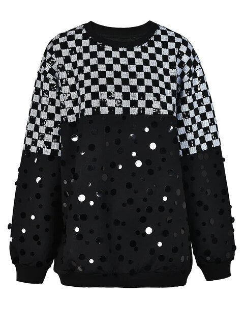 Checkerboard Sequined Round Neck Sweatshirt - Kelly Obi New York