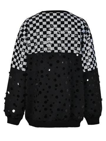 Checkerboard Sequined Round Neck Sweatshirt - Kelly Obi New York