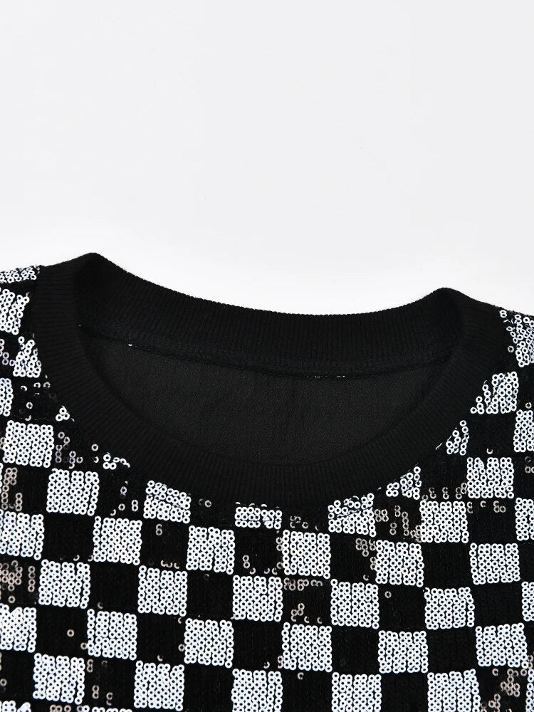 Checkerboard Sequined Round Neck Sweatshirt - Kelly Obi New York